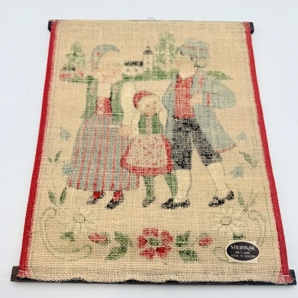Vintage Stildukar Sweden Jute Wall Hanging Scandinavian Folk Art Family MCM